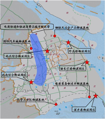 重點物流園區(qū)、重點制造業(yè)物流基地、城市特色配送物流帶布局示意